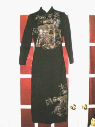 Vtg Chinese Black Cheongsam Dress W/ Appliques Of Old China Sz Small