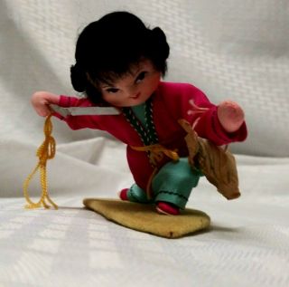 Vintage Asian Samurai Doll In A Ready To Battle Stance Clothing Is Made Of Silk