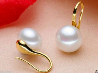 Natural Aaa,  10 - 11mm White Akoya Pearl Earrings 14k Gold Plated