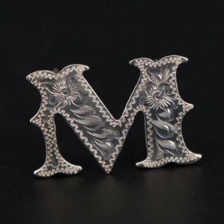 Vtg Sterling Silver - Western Engraved Flower " M " Belt Saddle Concho Letter - 5g