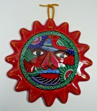 Mexican Clay Pottery Hand Painted Sun Wall Hanging Red 8 1/2 "