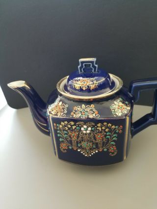 Vintage Hand Painted Cobalt Blue Porcelain Tea Pot Gold Trim Japan Con
