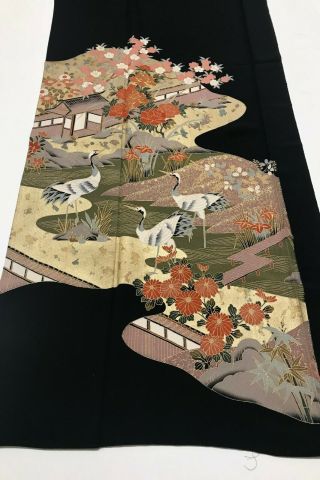 @@vintage/japanese Tomesode Kimono Silk Fabric/ Cranes,  Garden B630