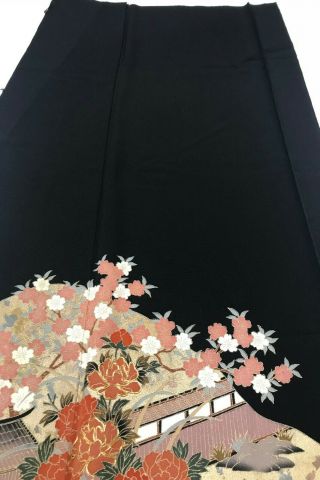 @@Vintage/Japanese tomesode kimono silk fabric/ cranes,  garden B630 3
