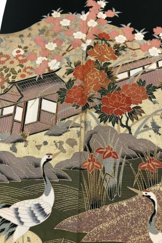 @@Vintage/Japanese tomesode kimono silk fabric/ cranes,  garden B630 4
