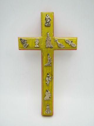 Estate Religious Cross W/ Miracle Charms Mexican Milagros Medallions Folk Art