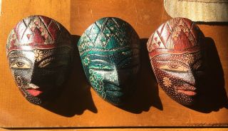 3 Thailand Crafts Aboriginal Wooden Paint Decor Wall Mask Carved Hand Painted