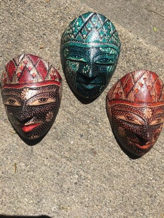 3 Thailand crafts Aboriginal Wooden Paint Decor Wall mask Carved Hand painted 6