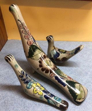 3 Vintage Long Tailed Birds Mexican Pottery Folk Art Hand Painted Grays & Blues