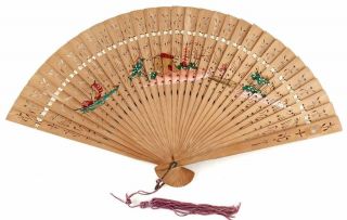 Vintage Chinese Folding Hand Fan Hand Painted Landscape On Wood
