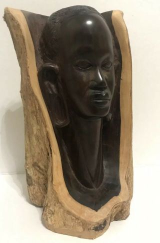 Vtg Art Deco African Tribal Woman Head Ebony Wood Carved Sculpture Statue