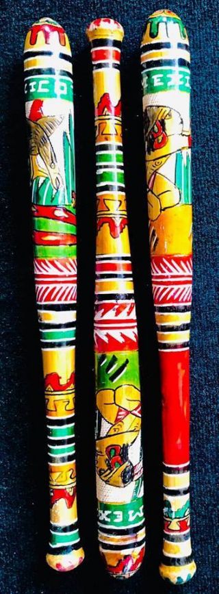 24 " Hand Carved & Painted Aztec Bat Pinata Stick Mexican Wooden Baseball
