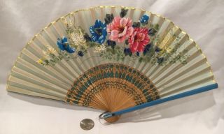 Vintage Japanese Paper Bamboo Hand Fan Pink,  Blue,  White Made In Occupied Japan
