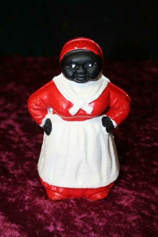 Vintage Black Americana Cast Iron Bank Mammy Aunt Jemima Maid Red White Excelent