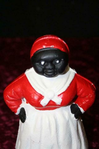 Vintage Black Americana Cast Iron Bank Mammy Aunt Jemima Maid Red White Excelent 2