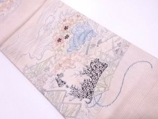 76176 Japanese Kimono / Antique Maru Obi For Summer / Embroidery / Wave & F
