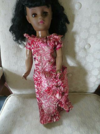 Vintage Hawaiian Doll 17 " Tall Hard Plastic 60s Muumuu Dress