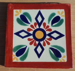 7 Talavera Mexican Pottery Tile 6 " Classic Geometric San Angel Terra Cotta Blue