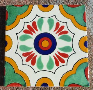 7 Talavera Mexican Pottery Tile 6 " Classic Geometric Green Red Blue Gold White