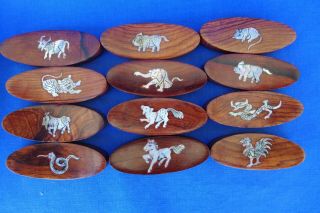 Set Of 24 Wood & Mother Or Pearl Chopstick Rests - Chinese Zodiac