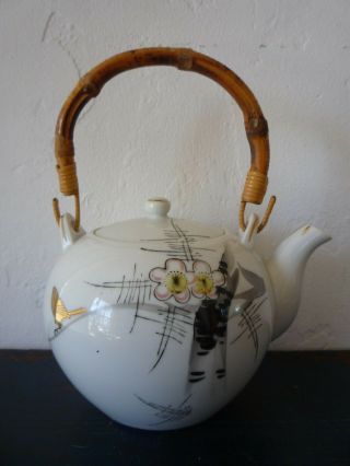 Vintage Ceramic Tea Pot Bamboo Handle Asian Design Bird Flowers 1950s Japan
