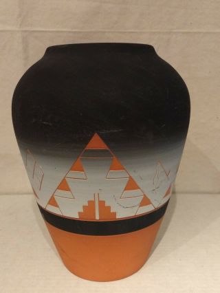 Sioux Indian Black White Terra Cotta Art Pottery 11 " Teepees Vase Artist Signed
