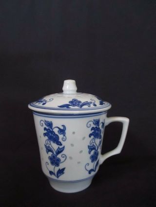 Translucent Grain Rice Coffee/tea Cup With Lid In Blue And White Floral Design