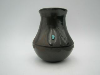 Vintage Santa Clara Pueblo Blackware Pottery Native American Turquoise Vase