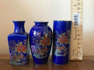 Vintage Cobalt Blue W/gold Trim Japanese Style Porcelain Vases Birds And Flowers
