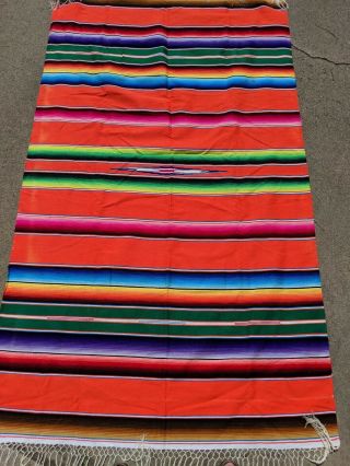 Colorful Bright Mexican Sarape Saltillo Wool Rug Blanket Long Fringe 82x50