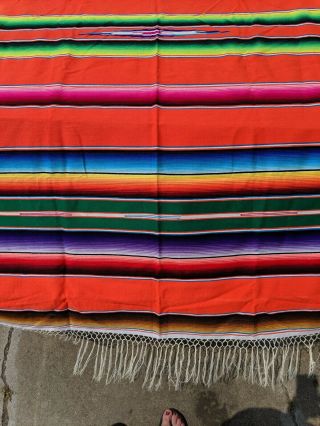 Colorful BRIGHT Mexican Sarape Saltillo Wool Rug Blanket Long Fringe 82x50 5