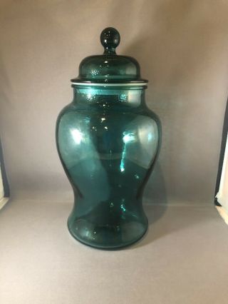 Blue Glass Ginger Jar With Lid 12 " Glass Textured On Inside Base 5 " In Diameter