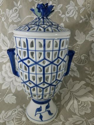 Stunning Blue & White Double Handle Reticulated Porcelain Lantern/with Lid