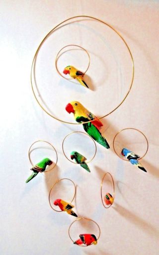 Wood Carved And Painted Parrots Vintage Hanging Mobile Colorful Birds