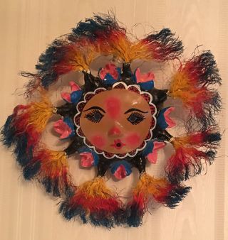 Vintage Hand Created Mexican Coconut Mask Headdress And Flowers
