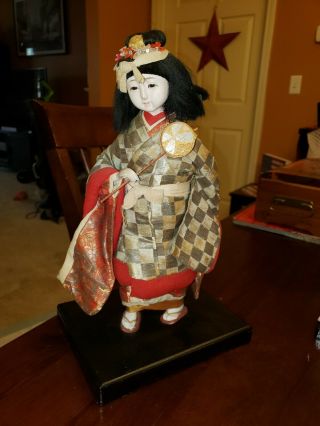 Vintage Japanese Geisha Kimono Glass Eye Lady Doll 13 Inches Tall With Base