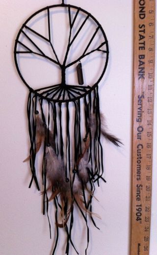 Cherokee Handmade 28 " Dream Catcher Black & Tan,  Tree Of Life W/ Smokey Crystal