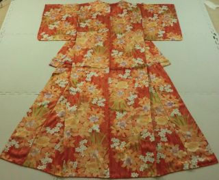 Japanese Vintage Kimono,  Silk,  Brown,  Flower,  P042654