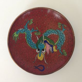 Antique Vintage Chinese Cloisonne Enamel Saucer Dish W Imperial Dragon