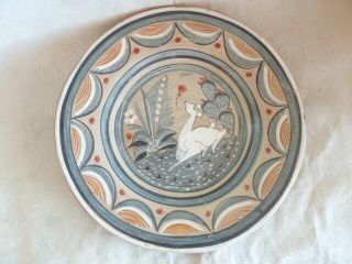 Mexico Folk Art Primitive Pottery Plate Plaque A White Deer 11 3/4 "