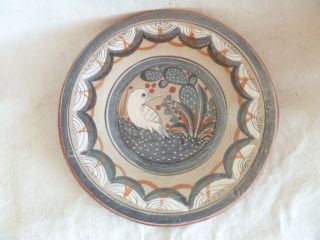 Mexico Folk Art Primitive Pottery Plate Plaque B White Bird Dove 11 5/8 "