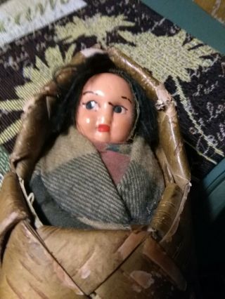 Vintage Native American Indian Baby Doll Inside Woven Basket Papoose.  So Cute