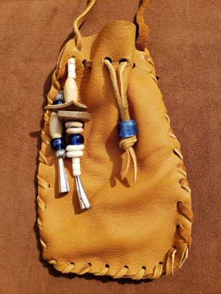 Handmade Tan Leather Deerskin Medicine Bag Pouch Blue Glass Beads Silver Cones 2