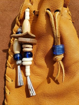 Handmade Tan Leather Deerskin Medicine Bag Pouch Blue Glass Beads Silver Cones 3
