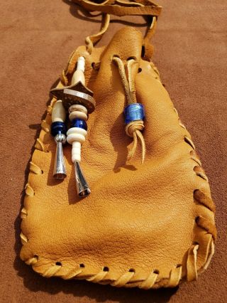 Handmade Tan Leather Deerskin Medicine Bag Pouch Blue Glass Beads Silver Cones 4