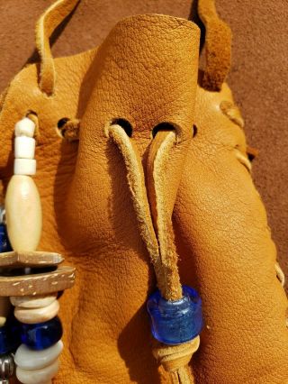 Handmade Tan Leather Deerskin Medicine Bag Pouch Blue Glass Beads Silver Cones 5