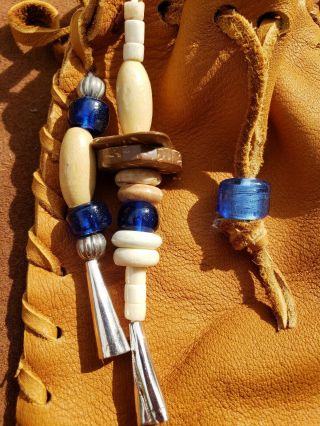 Handmade Tan Leather Deerskin Medicine Bag Pouch Blue Glass Beads Silver Cones 8