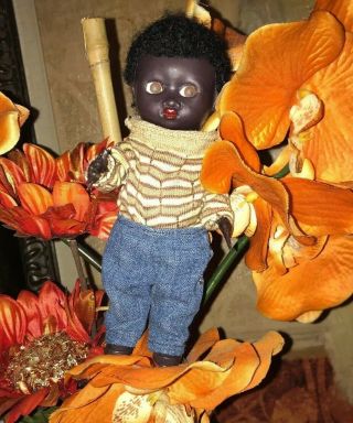 Vintage 7 " Pedigree Doll England Black African American Hard Plastic Boy Dressed