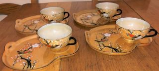4 - Vintage (1940 - 50s) Lusterware Porcelain Hand Painted Japanese Snack Plate Set