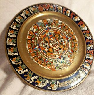 Mexico 11” Mayan Calendar Painted Brass Plate W String To Hang